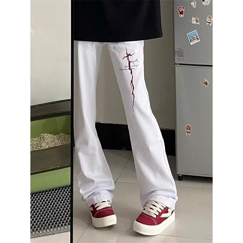 W10258-P43网图现货白色弯刀弹力微喇牛仔裤美式刺绣直筒喇叭裤,男装牛仔裤,星座1608