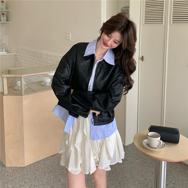 档口现货/条纹拼接假两件黑色PU皮衣外套2C233-911-P150-K248,女装皮衣,2C233