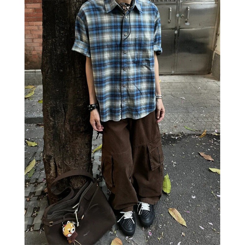 CS02LL-特P35 cleanfit蓝色格子衬衫男设计感短袖衬衣图片