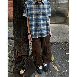 CS02LL-特P35cleanfit蓝色格子衬衫男设计感短袖衬衣