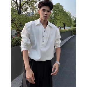 【有货】D5825-批45新品假两件V领长袖衬衫简约百搭绿松石衬衣图片