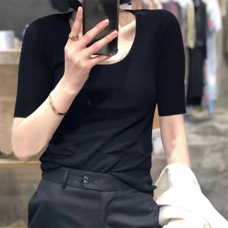 基础百搭U领修身冰丝针织短袖桑蚕丝T恤女夏装薄套头显瘦打底半袖,针织衫/毛衣,圣旺供货