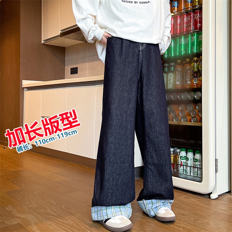 加长版裤子男高个子拼接卷边格子188cm110牛仔裤KZ011P65加绒75图片