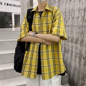 21年夏季短袖衬衫男宽松落肩港风格子衬衫男DS-C407-CS307-P35图片
