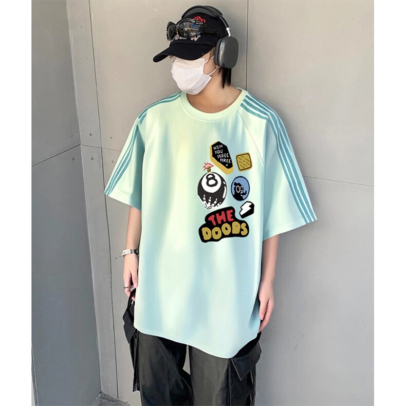 抖音得物品质二开240克宽松纯棉美式潮牌印花三条杠中性风短袖T恤,男装T恤,电商A486