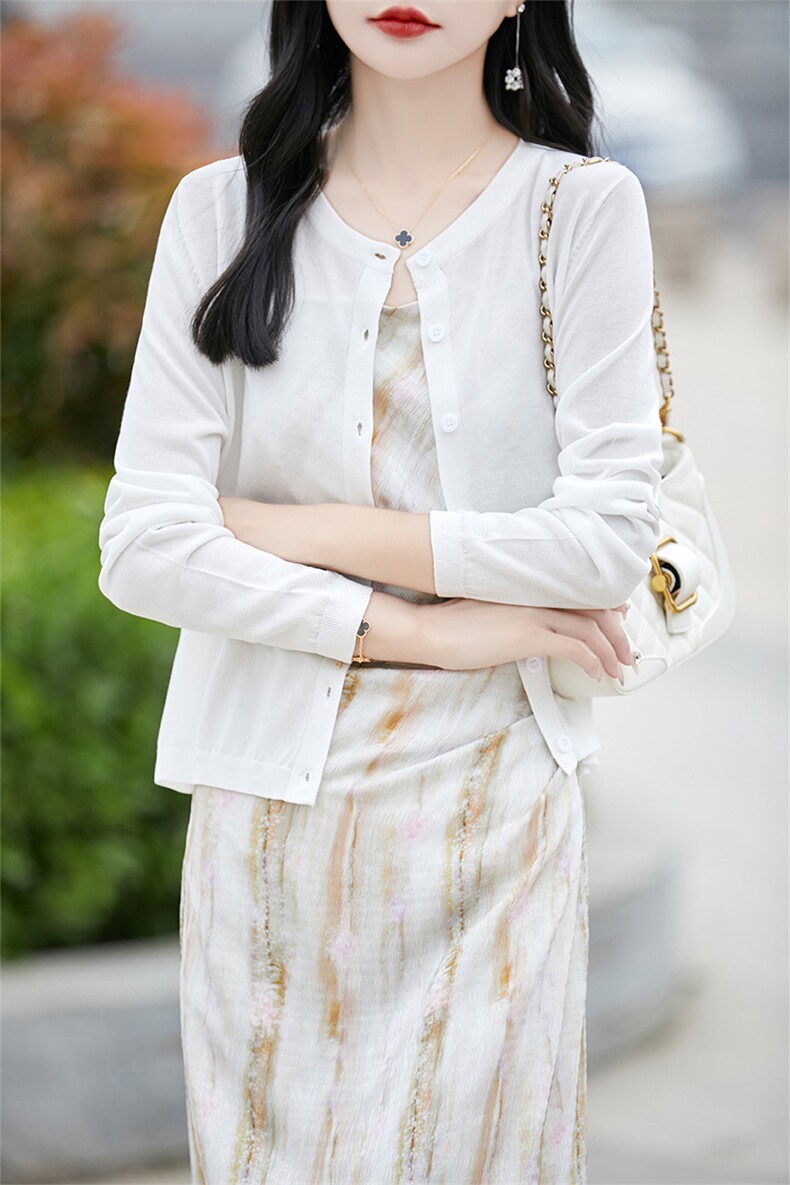 薄款莱赛尔天丝针织开衫女圆领透气防晒外套气质百搭空调衫,针织衫/毛衣,越洋羊