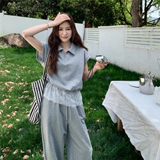 灰色休闲蕾丝拼接卫衣套装女夏季新款超火一整套减龄阔腿裤两件套，女装套装/套裙，2C258