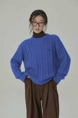 时尚百搭宽松麻花针织羊毛衫女气质显瘦学院风毛衣外套，女装羊毛衫，泰沅羊绒