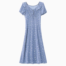 2026夏季新款法式蓝色碎花连衣裙荷叶边方领泡泡袖收腰显瘦中长款，女装连衣裙，艾米