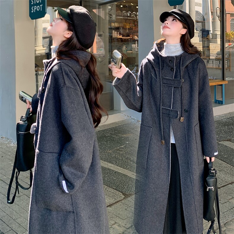 现货新款双面羊毛呢正反两穿连帽风衣,女装双面呢大衣,丝露怡语