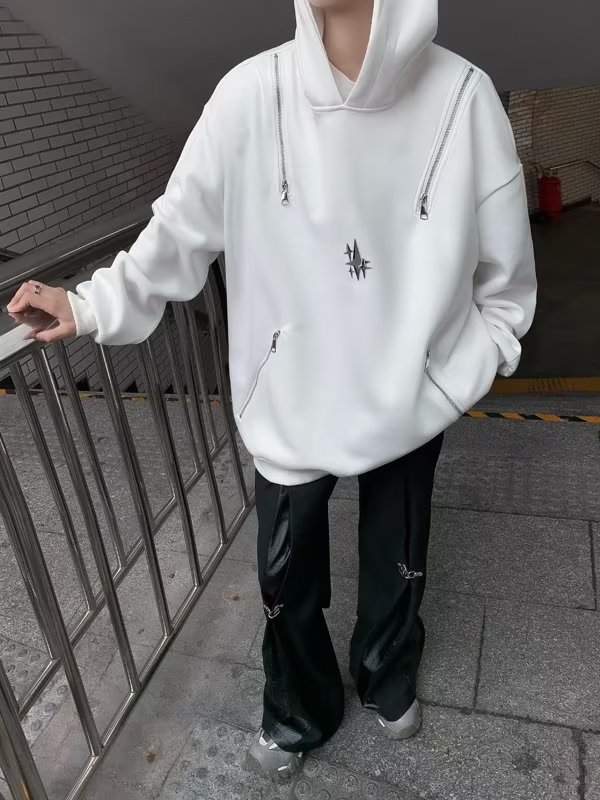 美式高街金属拉链设计连帽男女hiphop情侣宽松卫衣外套QW338-P50,男装卫衣,星座1008