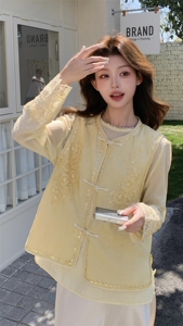 高端亚麻提花刺绣国风马甲女2025春夏新款高级感气质上衣钉珠衬衫图片