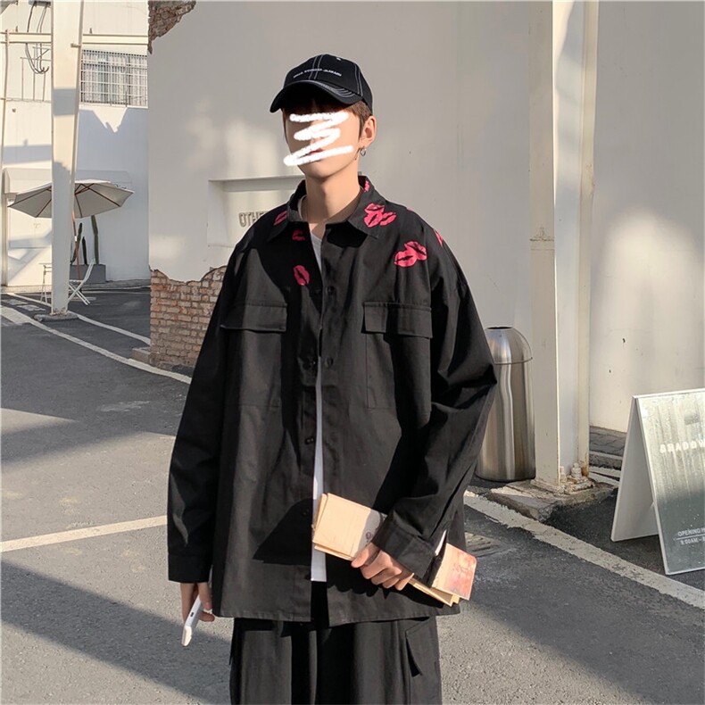 春季口红印花纯棉长袖衬衫潮流衬衣男休闲衬衫外套CS20P45,男装衬衫,电商C323