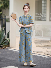 新中式印花牛仔套装女2025夏季新款爆款气质高级感阔腿裤两件套，女装套装/套裙，曼娅璐