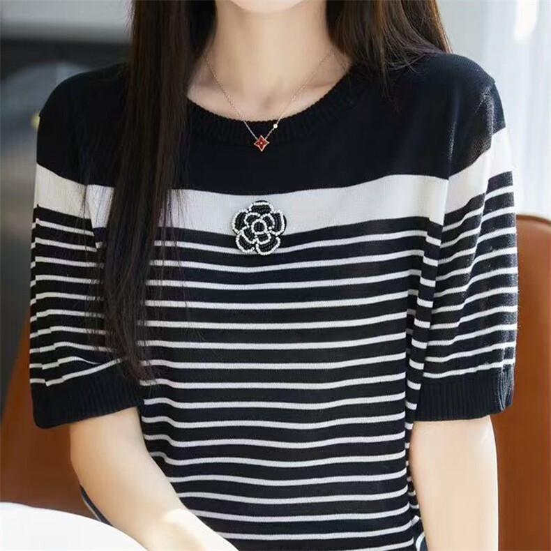 经典条纹~莱赛尔天丝山茶花条纹短袖女夏季圆领针织T恤打底衫,女装T恤,萱芳婷羊绒