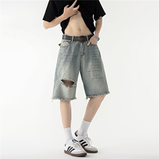 牛仔裤男士韩版潮流高街帅百搭破洞2025夏季ins五分裤RK2846-P38，男装牛仔裤，星座412-3