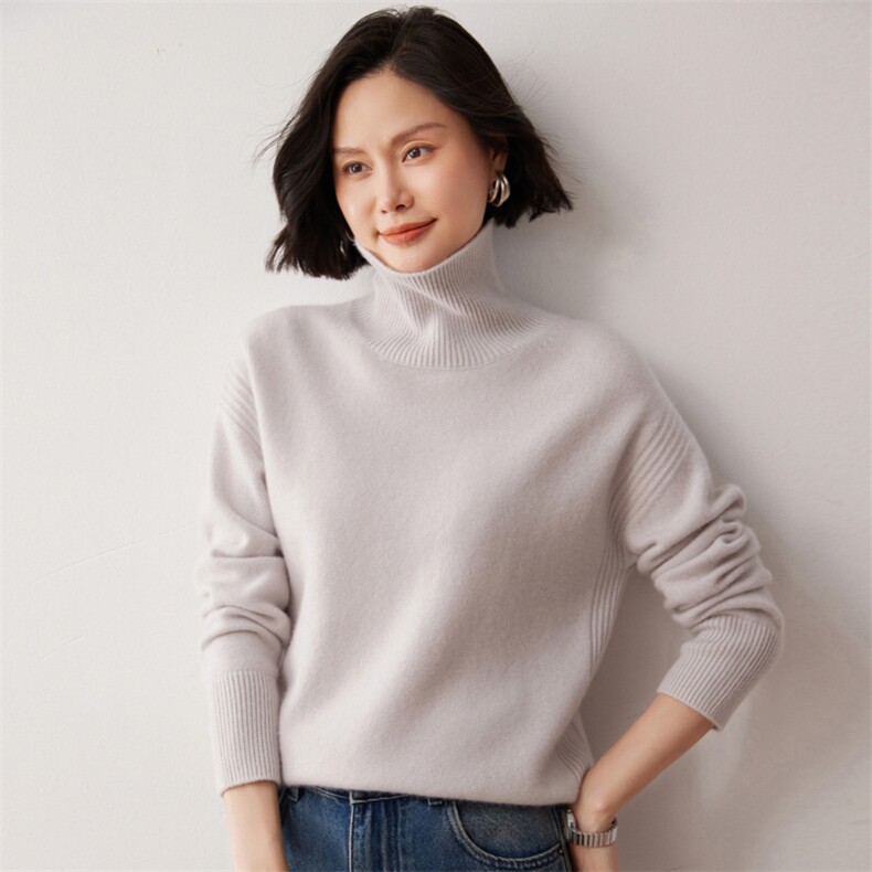 秋冬新款洋气时尚百搭显瘦女款高领35%山羊绒衫,女装羊绒衫,艾巧羊绒