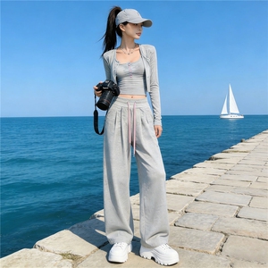 女春新款欧货时尚休闲套装修身显瘦开衫上衣内搭吊带阔腿裤三件套图片