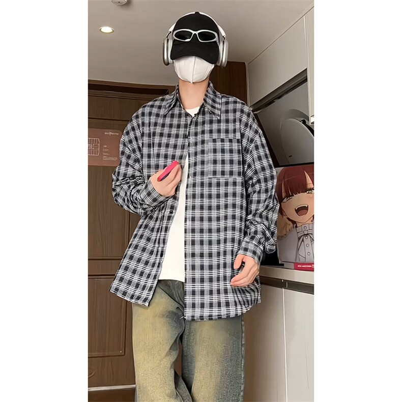 港风宽松格子衬衫男KD613-P45控68,男装衬衫,电商D312-1
