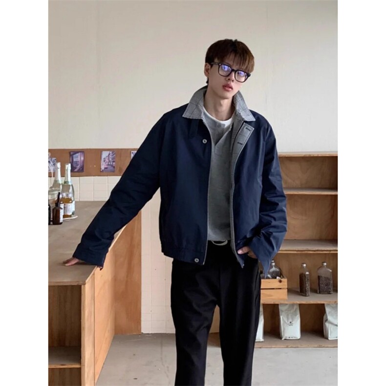 美式复古格纹撞色翻领工装外套男宽松休闲极简风cleanfit夹克上衣图片