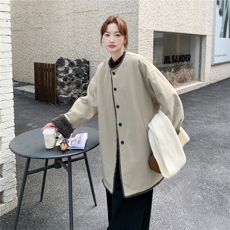 高级感韩系宽松显瘦百搭休闲加厚冬季中长款外套羊羔毛保暖棉服,女装棉衣/棉服,2C166
