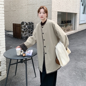 高级感韩系宽松显瘦百搭休闲加厚冬季中长款外套羊羔毛保暖棉服图片