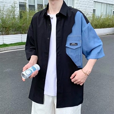 新款男短袖衬衫宽松牛仔拼接口袋装饰日系学生个性衬衣W857-P32，男装衬衫，星座512-2