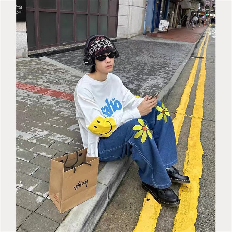 网络图美式复古小雏菊刺绣男夏季潮牌情侣阔腿裤子,男装休闲裤,星座716-3