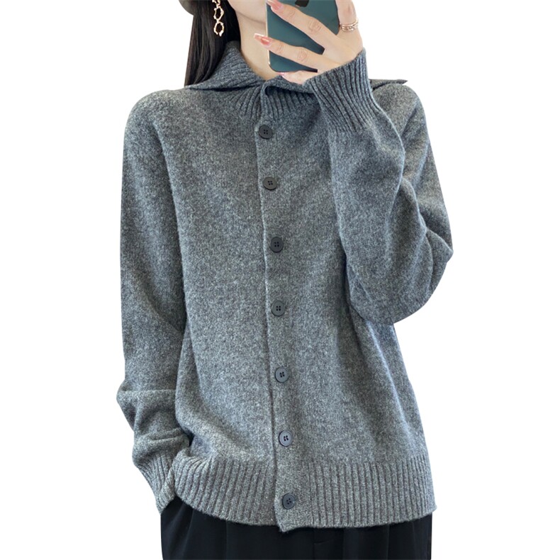高翻领加厚100%纯羊毛开衫女宽松慵懒风羊绒衫长袖针织衫外套毛衣,女装羊毛衫,忠诺羊绒