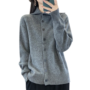 高翻领加厚100%纯羊毛开衫女宽松慵懒风羊绒衫长袖针织衫外套毛衣图片