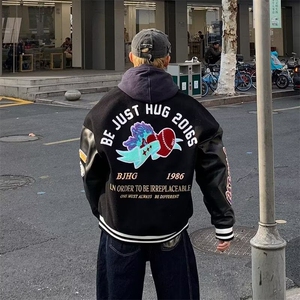 皮袖刺绣棒球服夹克百搭简约气质慵懒流行新款时尚潮HH164 P70图片