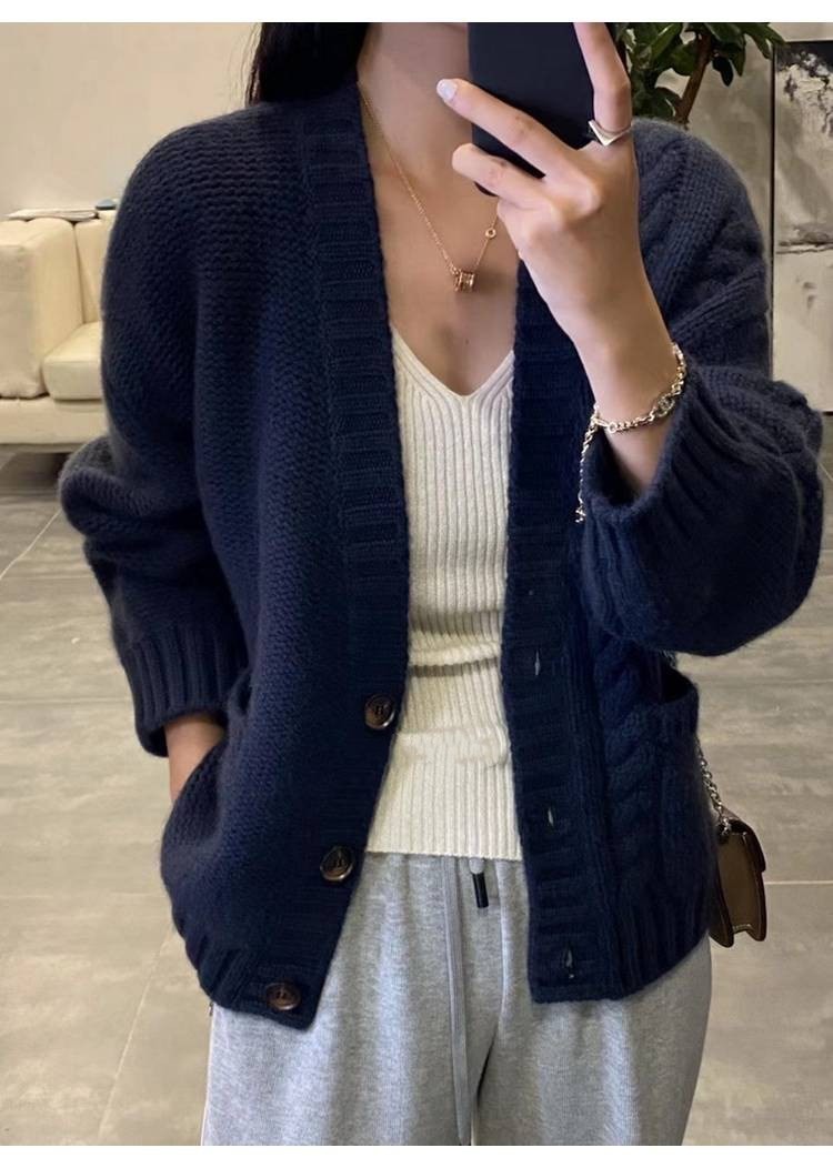 v领针织开衫女秋冬新款流行软糯毛衣外套慵懒外搭,女装羊毛衫,恩泰羊绒