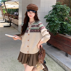 复古毛衣外套春秋新款洋气费尔岛提花针织开衫女宽松，女装针织衫/毛衣，水衣源