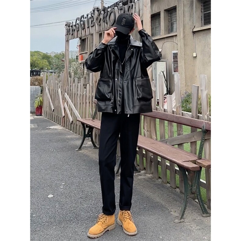 搭配马丁靴皮衣的休闲裤仿牛仔裤男秋冬机车风痞帅1412-2/612/P48图片