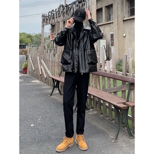 搭配马丁靴皮衣的休闲裤仿牛仔裤男秋冬机车风痞帅1412-2/612/P48图片