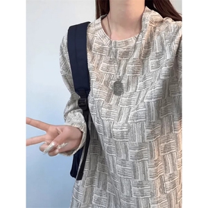 扎染格纹长袖t恤男女春秋重磅正肩圆领卫衣高级感内搭打底衫W191
