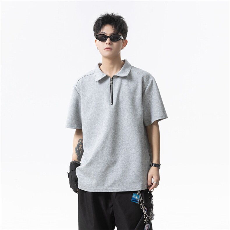 2025夏季新款港风日系半拉链翻领短袖T恤男潮XZ213-TX19-P35控58,男装T恤,星座213