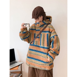 毛毛外套男士韩版潮流拼色百搭帅宽松连帽2024冬季棉服W6324-P58图片