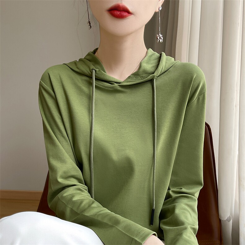 25春秋款纯棉长袖T恤帽衫女纯色抽绳连帽卫衣宽松精梳棉上衣,女装T恤,羊秋羊绒