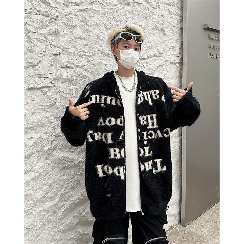 2025秋冬美式复古字母破洞水貂毛宽松连帽毛衣开衫A025-M030-P75,男装针织衫/毛衣,电商A025