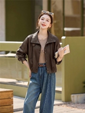 皮衣外套女春秋季2026新款小个子港风复古高级感皮夹克机车，女装皮衣，秀美人生