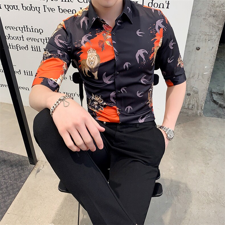 2021夏季社会风中袖花衬衫男士修身七分袖半袖衬衣A470-CS07,男装衬衫,电商A207