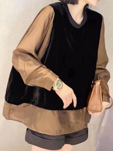 DG826洋气拼接丝绒假两件衬衫,女装衬衫,L·H·X