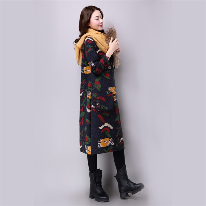 抽象图案连衣裙圆领2020年冬季长袖长裙口袋印花,女装连衣裙,独衣靓