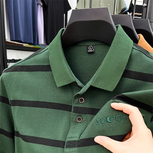 夏季新款短袖T恤男士纯棉休闲Polo衫翻领时尚条纹体恤中年半袖潮图片