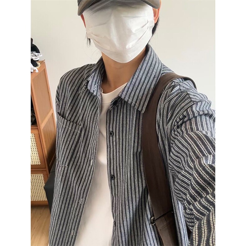 条纹衬衫潮牌长袖衬衣宽松港风休闲外套CS287-P45,男装衬衫,星座301C-5