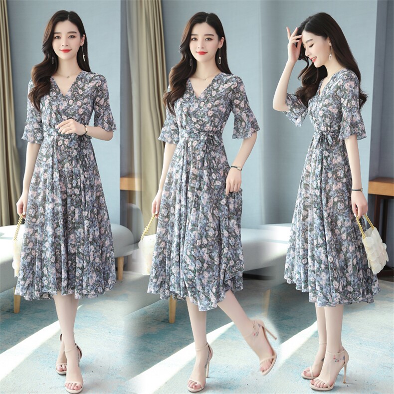 碎花雪纺连衣裙女中长款2025夏季新款韩版收腰显瘦气质小清新夏裙，女装连衣裙，星宇服饰