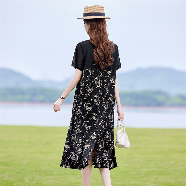 复古印花拼接连衣裙女2025夏新款时尚显瘦宽松休闲慵懒风T恤裙子,女装连衣裙,靓衣阁