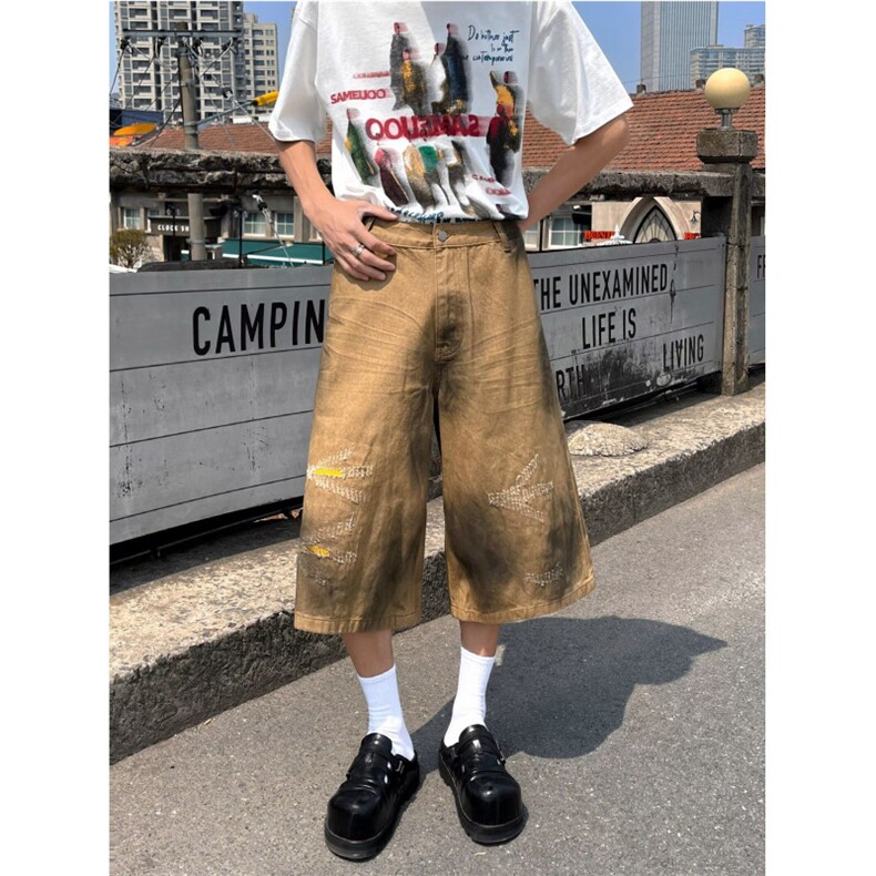 卡其色七分裤男2025夏季新款水洗做旧小众设计感直筒宽松牛仔短裤,男装牛仔裤,四季星座505