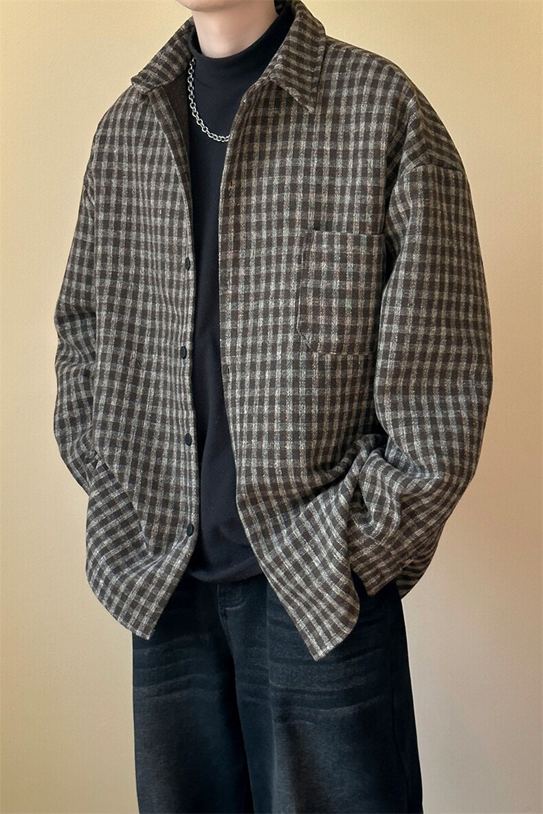 2025春新款呢子外套宽松休闲格子呢料衬衣外套A351-AJ2552-P75,男装夹克,电商A351